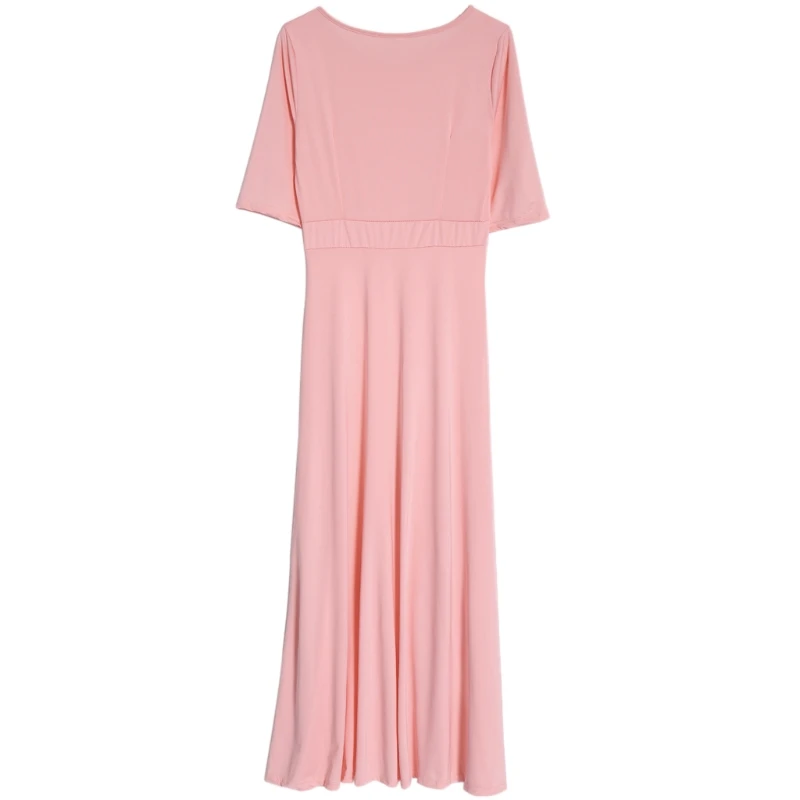 

Women Half Sleeve Round Neck Solid Color High Waist Floral Trim Party Dress Gown