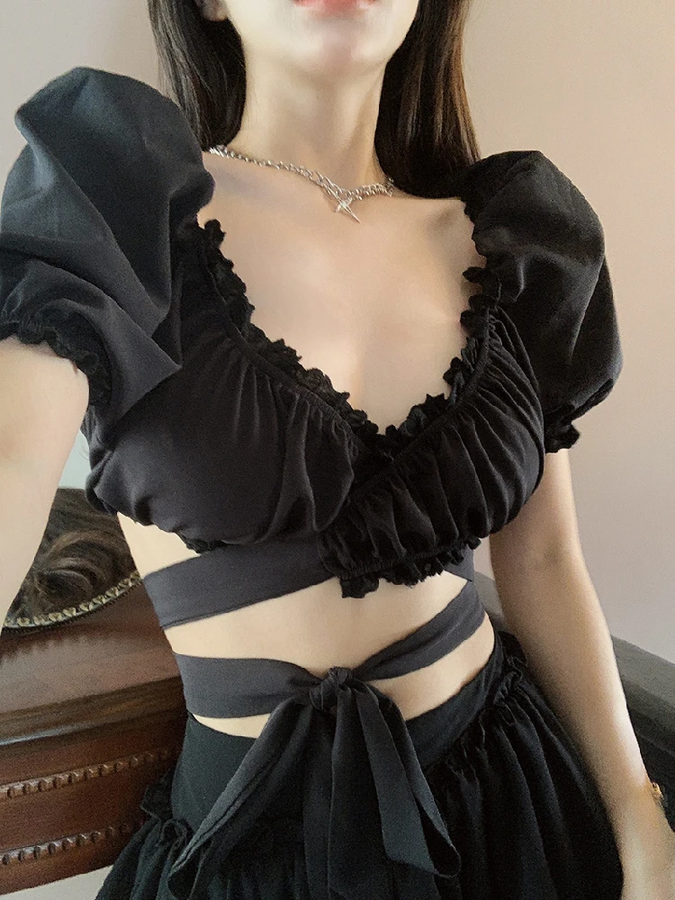 

Sexy French Bow Puffs Sleeve Deep V-neck Blouse Women's 2021 Summer Off Shoulder Bandage Crop Top Holiday Clubwear