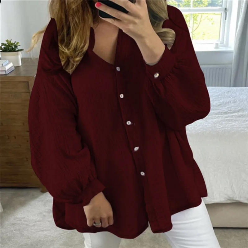 

Women Casual Solid Cotton Linen Shirts Fashion Long Sleeve Loose Top Casual Turn Down Collar Button Cardigan Blouse Shirts