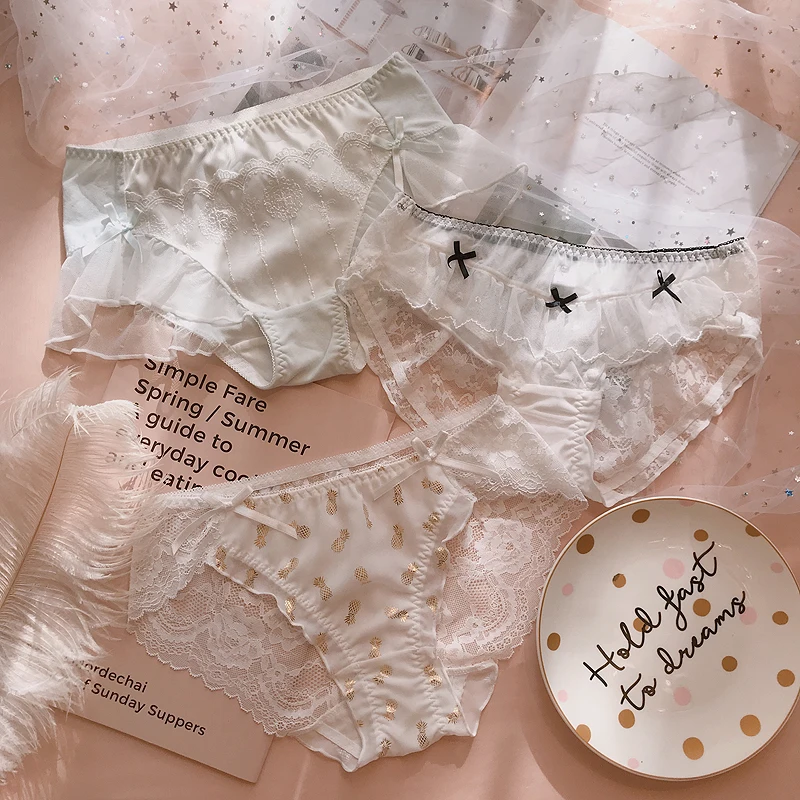 C 3 шт., японские милые Лолиты для девочек, Kawaii Nets, пряжа с бантом, кружевные трусы принцессы с рюшами, Трусы средней длины, маленькое сказочное нижнее белье, трусы - Цвет: C