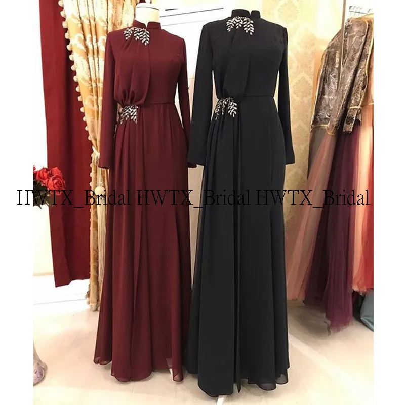 HWTX_Bridal вечернее платье с длинным рукавом бордовое черное шифоновое арабское