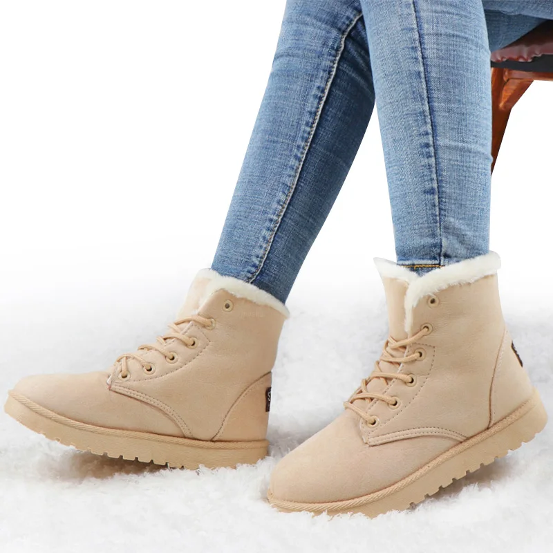 beige Зимние ботинки; женские ботильоны на шнуровке; bottines femme; обувь на платформе; женская теплая обувь из замши и флока с круглым носком; Botas Mujer - Цвет: beige