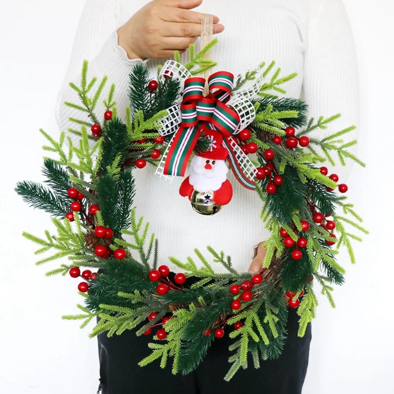 

Christmas Door Wreath - Santa Claus Bells Pine Berry Wreath for Front Door Wall Window Fireplace Farmhouse Home Decor