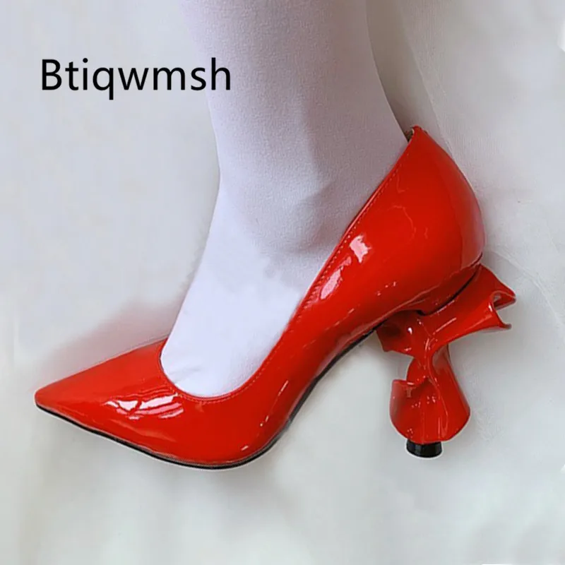 Женские туфли с острым носком лодочки на необычном каблуке модная обувь для