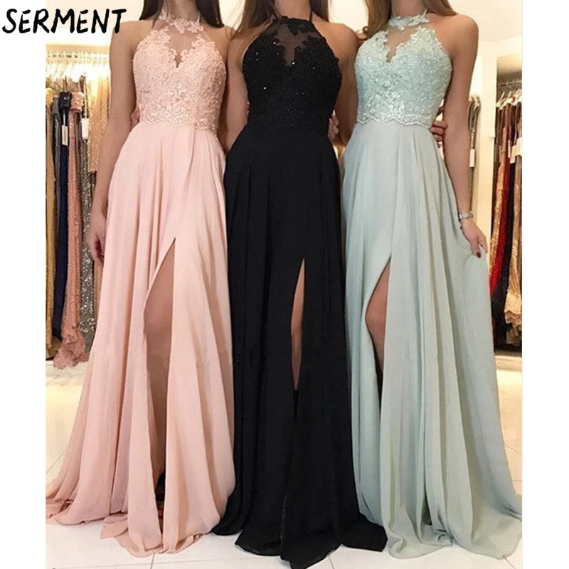 SERMENT Autumn and Winter New European and American Solid Color Evening Dress Long Skirt Chiffon Dress Evening Gown - Color: Sky blue