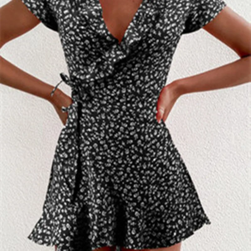 

Chiffon Ruffle Dress Women Summer Bandage Dresses Short Sleeve Floral Printed V-Neck Dress Casual Beach Mini Dresses