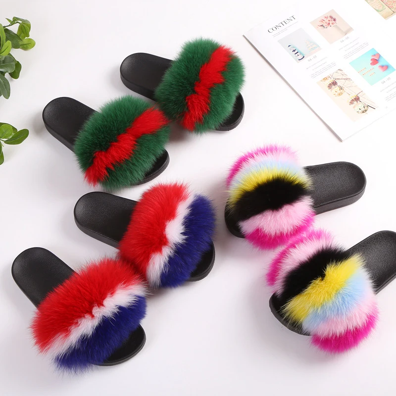 

Fashion Fluffy Fox Fur Slides Women Fur Slippes Furry Raccoon Sandals Fur Flip Flops Flat Home Slipper Woman Fuzzy Amazing Shoes