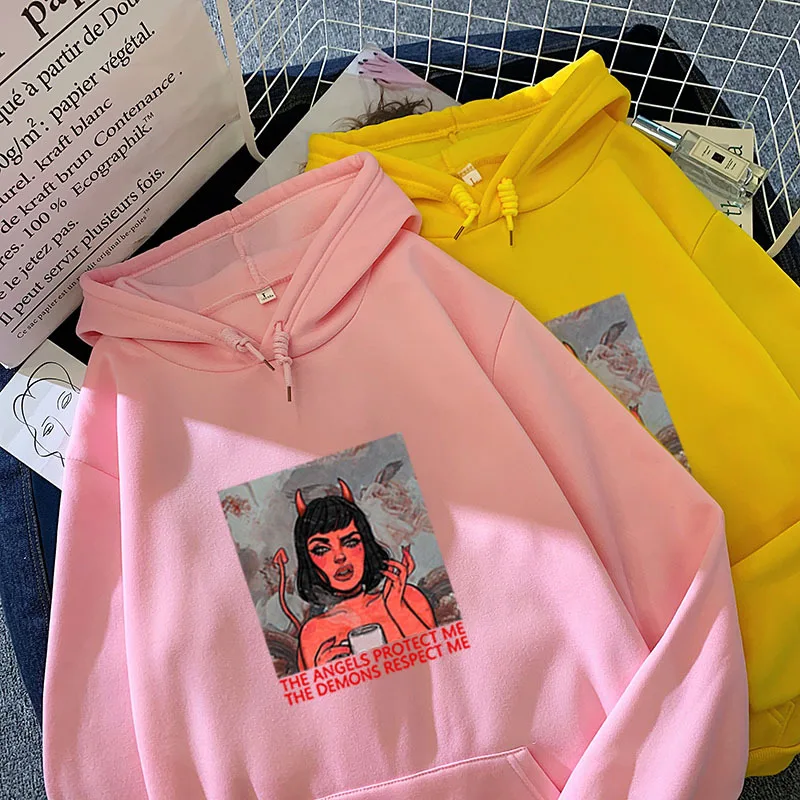 

Новый стиль для осени и зимы, Свитшот карамельного цвета, Ангел Дьявол, как мой принт, узор, универсальный, крутой, с капюшоном