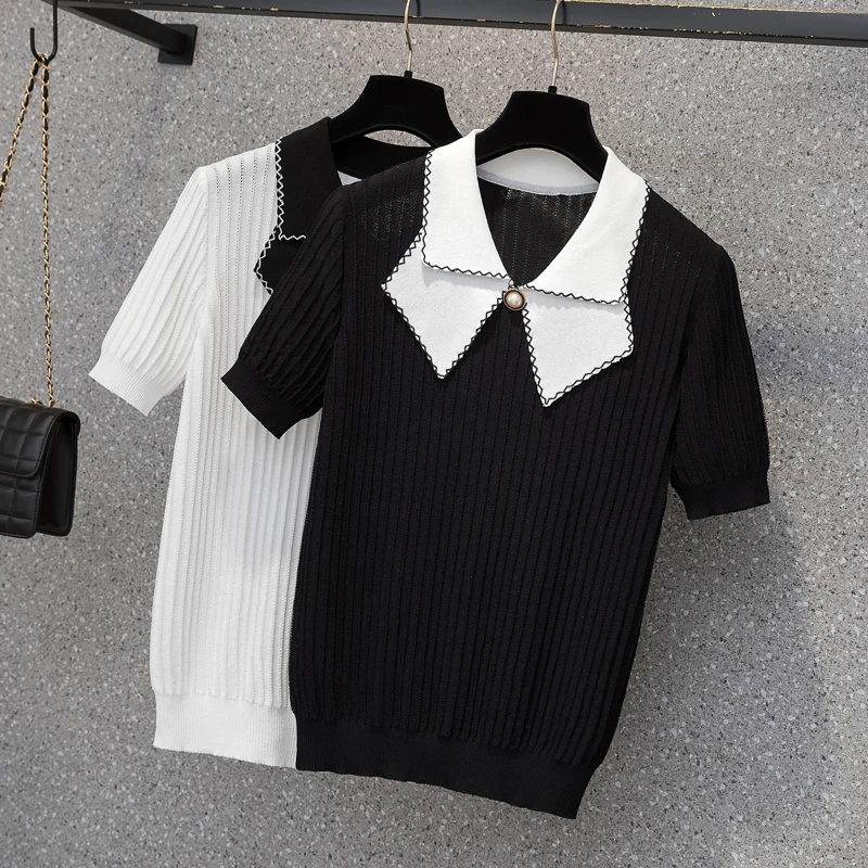 

M-4XL size women Summer thin sweater pullover 2021 short sleeve v neck Beading loose casual kintting sueters de mujer