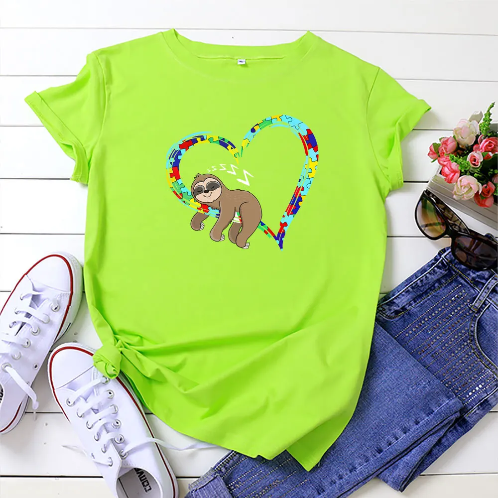 

Plus Size 5XL 100%Cotton Tshirt 2020 Sloth Heart Print T-shirt Women Cartoon Short Sleeve Tees Summer Beach T Shirt Pink Tops