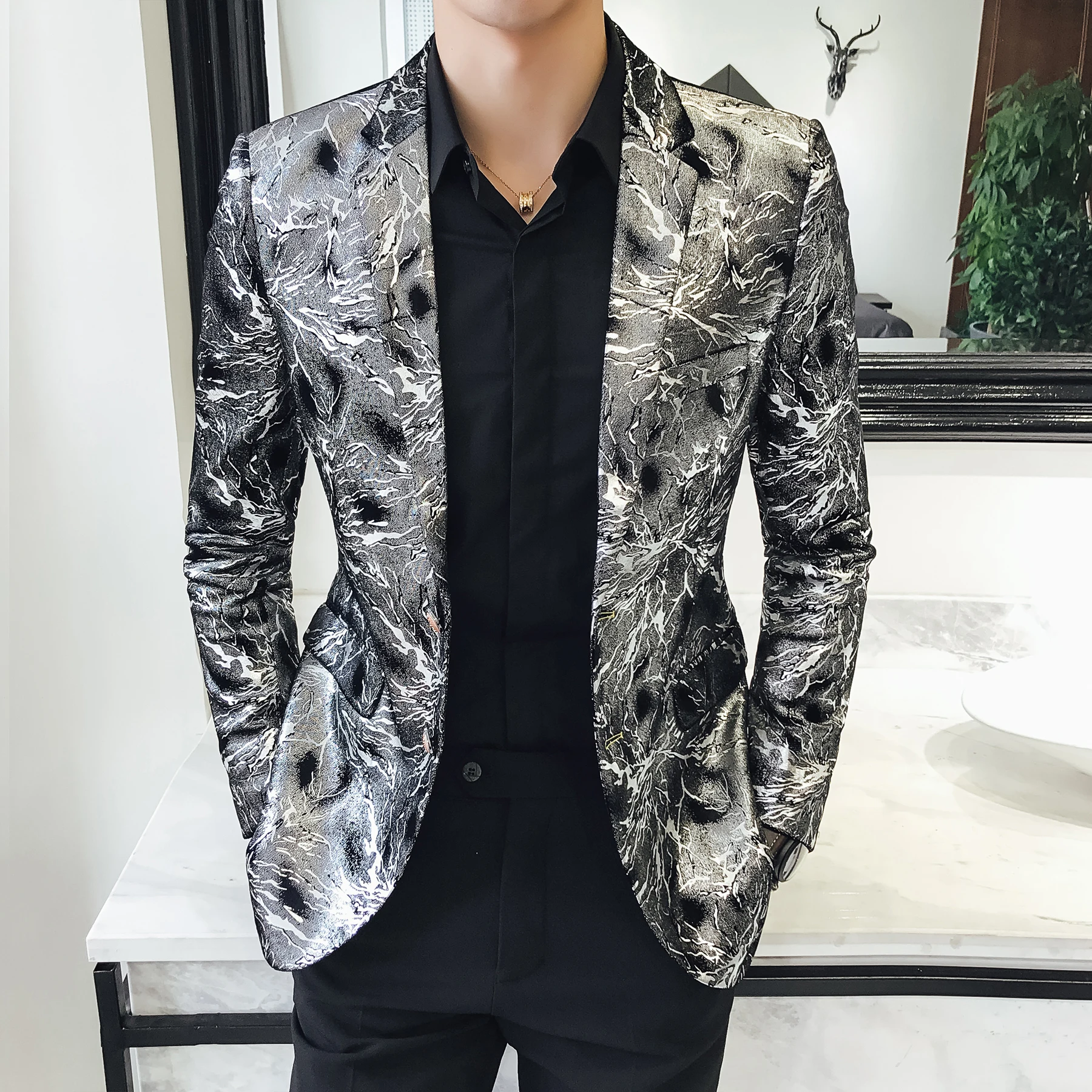 Мужской однобортный пиджак с принтом серебристый Повседневный блейзер