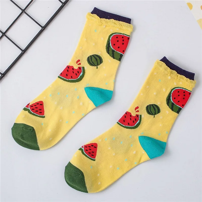 Yellow Watermelon Милый комплект для девочек с изображением героев мультфильмов, фруктов, коттоновые носки Веселые orange банан груша арбуз рисунком Земляничная принцесса Лолита носки, подарок на Рождество - Цвет: Yellow Watermelon