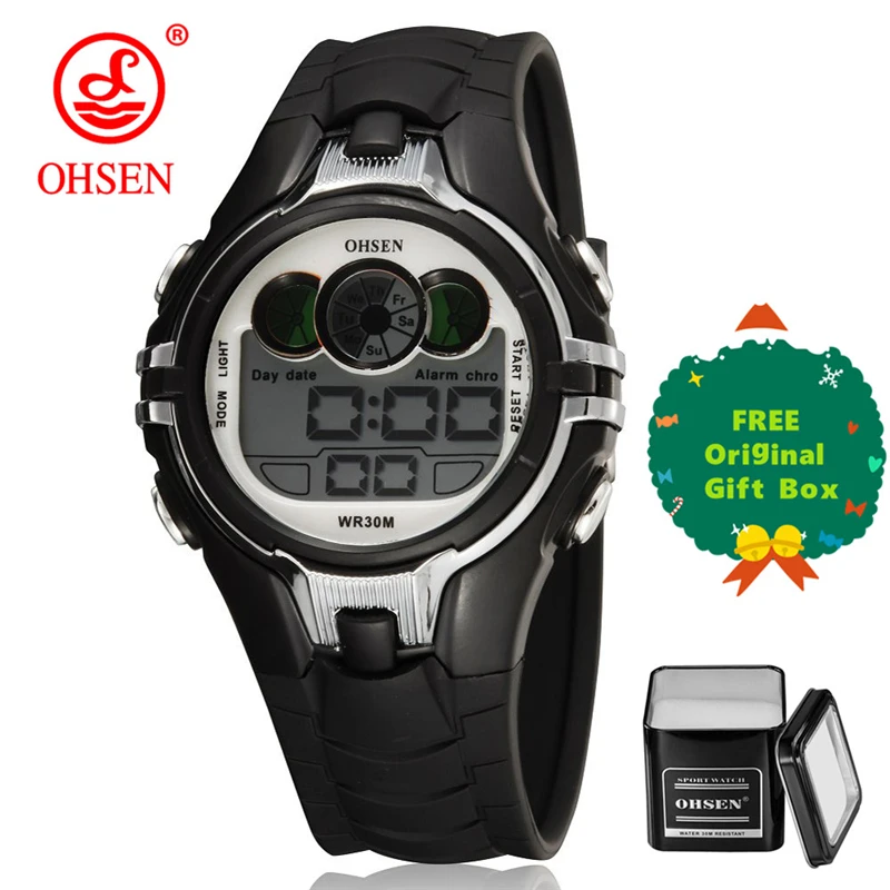 OHSEN Boys Kids Дети Кварцевые спортивные часы Будильник Дата хронографа Светодиодные задние фонари Водонепроницаемые наручные часы Студенческие часы - Цвет: black and gift box