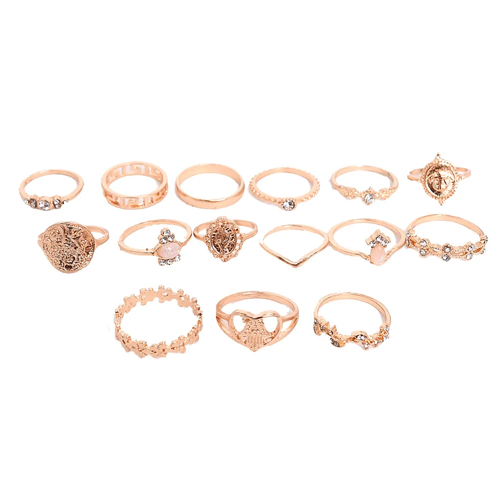 

Set of 15 Boho Chic Jewelry Knuckle Midi Ring Set Stackable Stacking Gifts for Her Gold-colored | Adjustable | Rings Set #JW7E4D