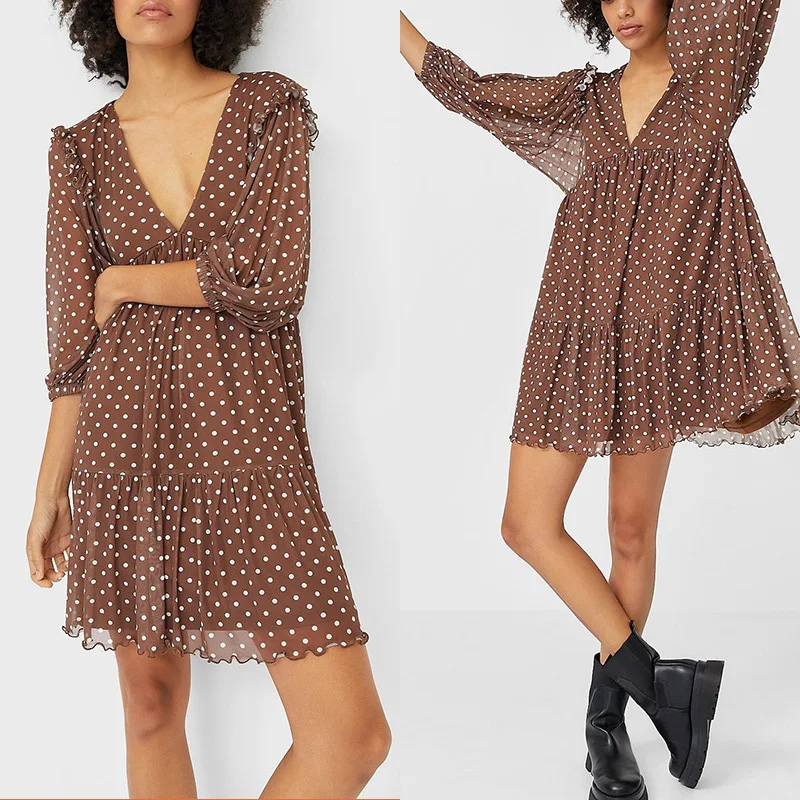 

Women Polka Dot Dress Spring Three Quarter Sleeve V Neck Loose Mesh Ruffles Dresses Casual Fashion Sexy Party Female Vestidos