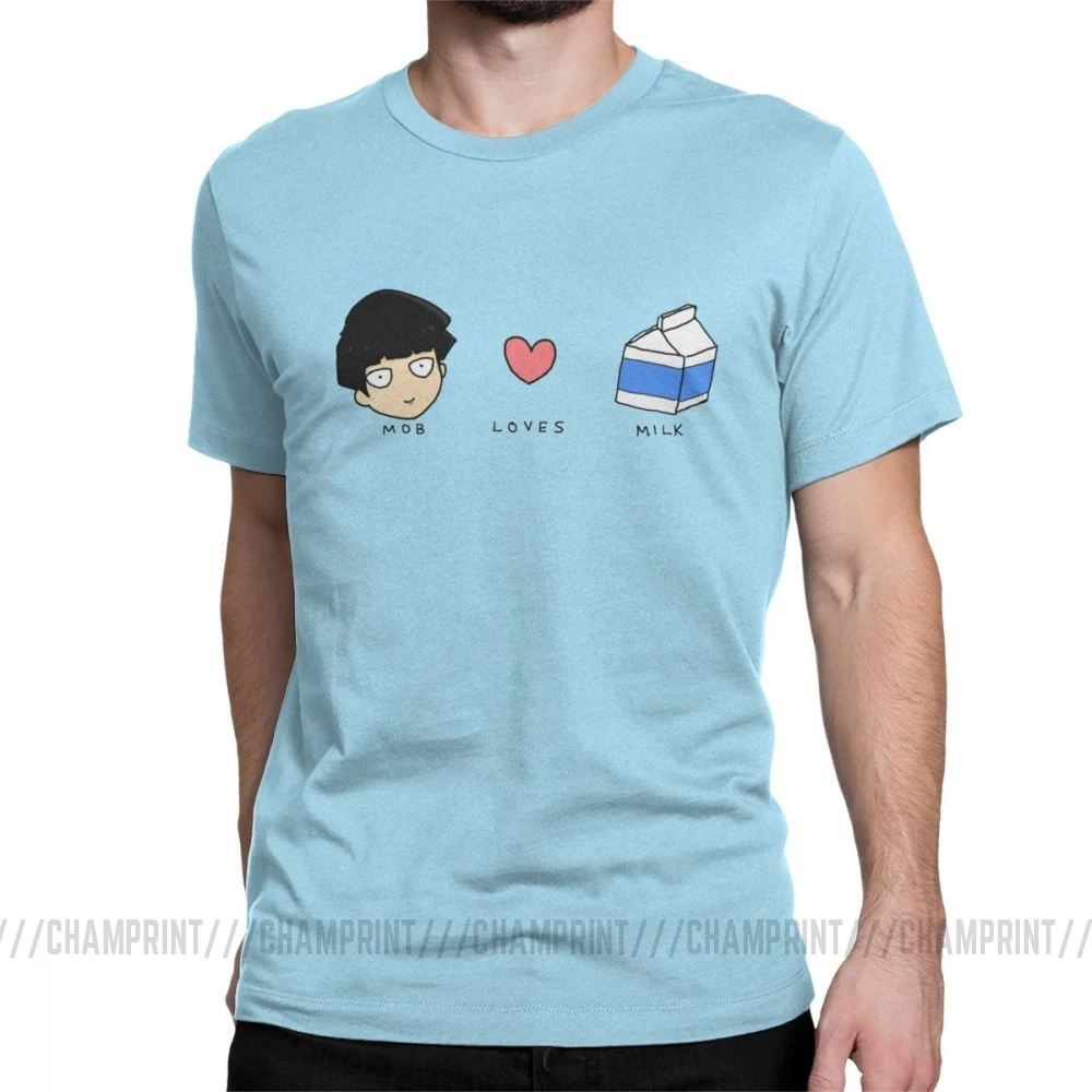 Mob Loves Milk Mob Psycho 100 футболки мужские хлопковые новые футболки с круглым вырезом футболка с коротким рукавом Одежда с принтом - Цвет: Небесно-голубой