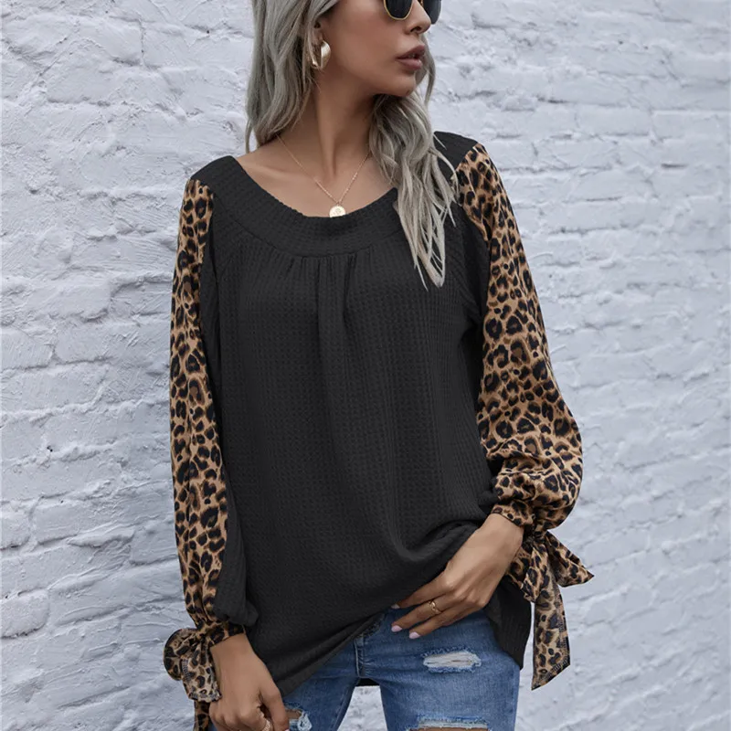 

2021 Spring Autumn New Knitted Stitching Lace-Up Shirt Top Fashion Sexy V-Neck Long Sleeve Leopard Patchwork Women Shirt Blouse
