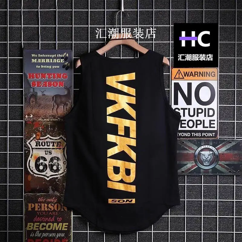 

1 piece summer 2021 street hip hop large size vest men's casual sports loose sleeveless shirt base