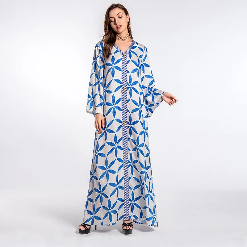 

Middle East Dubai Turkey Morocco Muslim Spring Summer Women's Fashion Green Blue Printed Leaves Abaya Lace Robe Dress Long Skirt