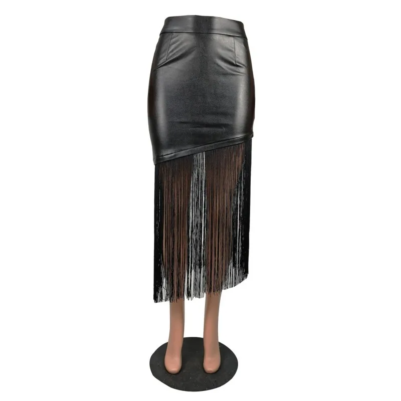 

The Latest Design Sexy Fringed Skirt Women's Fashion Irregular Black PU Leather Skirt African Clothing 2021 Femme Mid Skirt