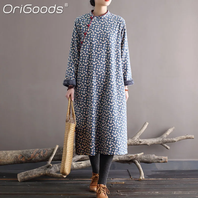 

OriGoods Chinese Style Winter Dress Women Flower Print Loose Vintage Thick Warm Dress Fleece Plush Robe Winter Clothes A305