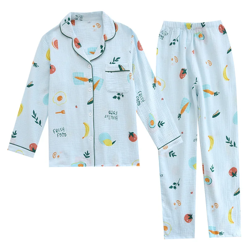 Spring /Autumn Pajamas for Women Pure Cotton Crepe Soft Long Sleeve Sleepwear Thin Fresh Summer Pajamas Set for Ladies Comfort