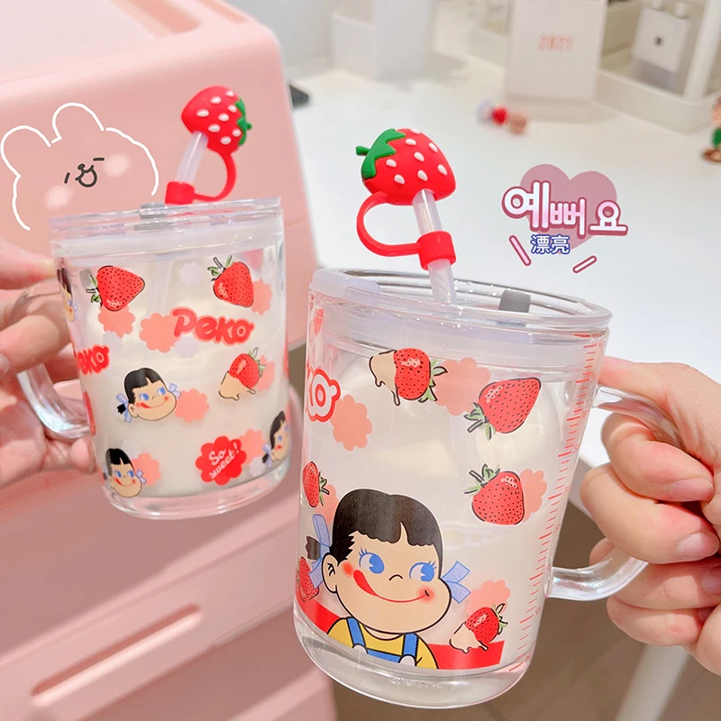 

Japanese Cute Cartoon Glass Mug With Lid Strawberry Straw Cup Household Sealed Water Mugs Children Milk Coffee Breakfast Cups