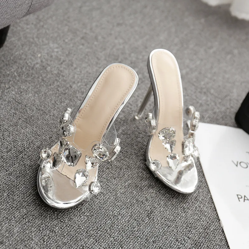 

High-Heeled Shoes Lady Low Woman's Slippers Slides Jelly Flip Flops 2021 Thin Glitter PU Rubber Rome Fabric Crystal Basic Patent