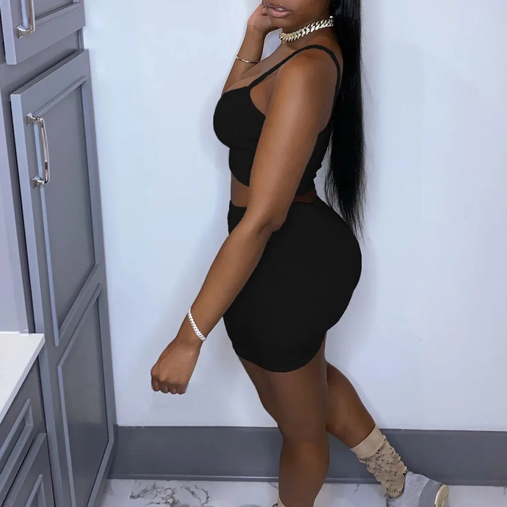 

Autumn Ladies Casual Sportswear Fashion Solid Color Camisole Tops Shorts Two-piece Suit Sexy High Street Women's Pants Suit