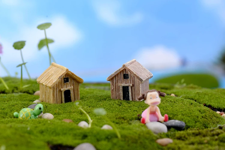 

2 pcs Creative Simulation Wood House Moss Micro Landscape Ornament Resin DIY Assembly Small Decoration Toy Wholesale