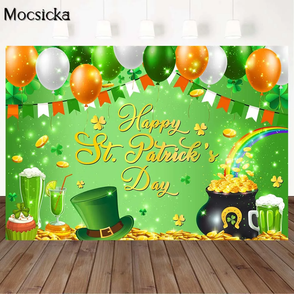 

Mocsicka Happy St.Patrick's Day Backdrop Festival Green Decor Shamrocks Gold Coin Balloon Photography Props for Photo Background