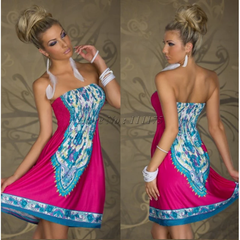 

Summer Fashion Sexy Strapless Empire Club Women's Mini Dress Casual Folk-custom Print Elasticity Backless Ladies Ice Silk Dress