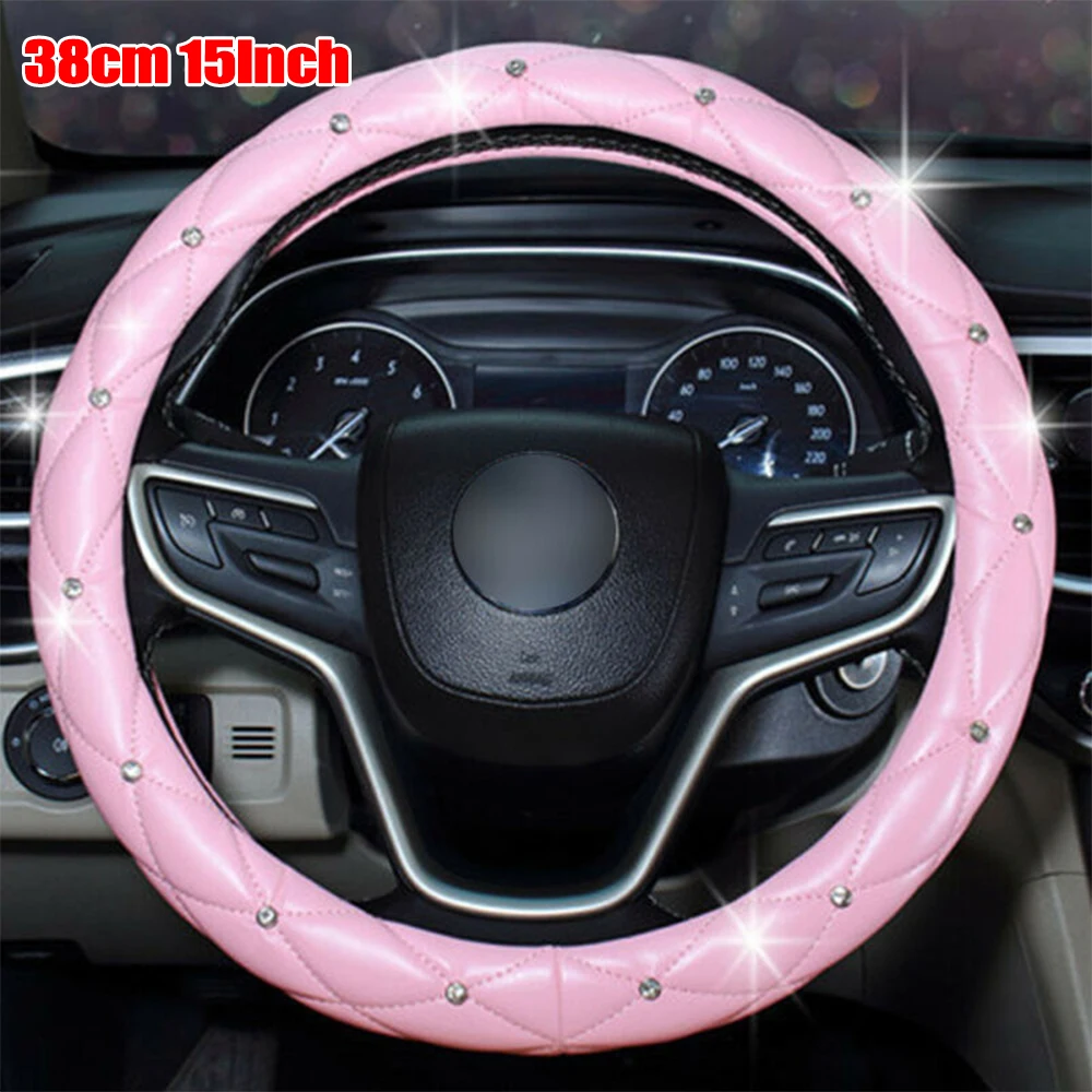 

Accessories Steering Wheel Cover Crystal Diamond Non-Slip Bling Car PU Leather W/ Rhinestone