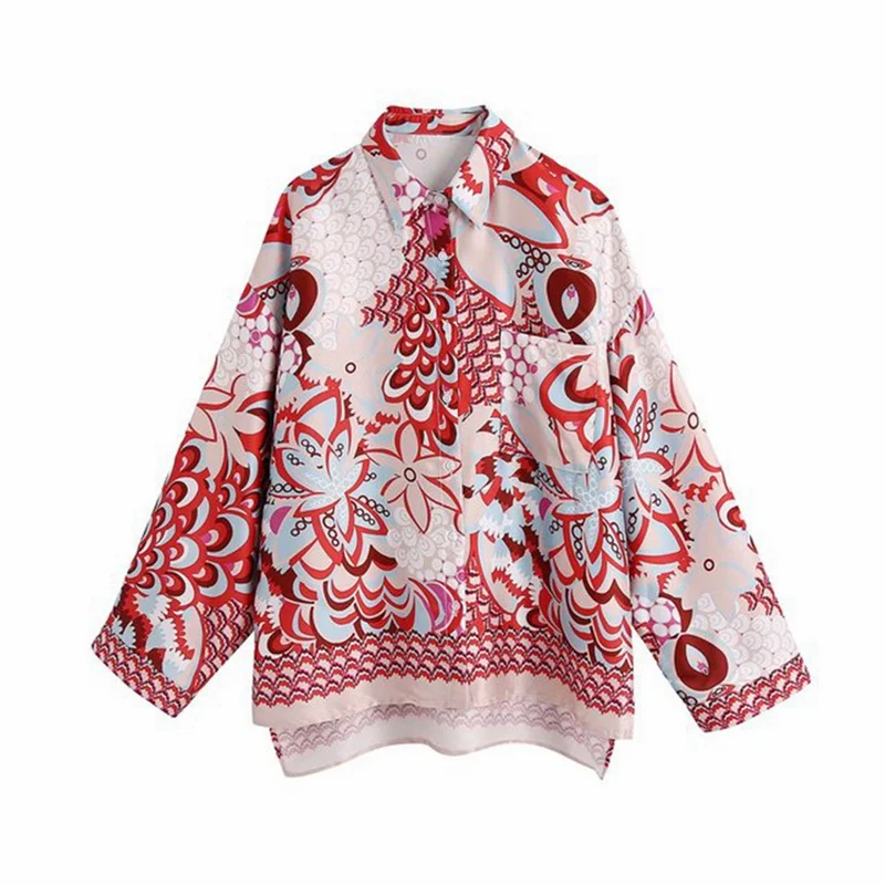 

Muyogrt Women 2021 Fashion Printed Loose Asymmetric Blouses Vintage Long Sleeve Side Vents Female Shirts Streetwear Chic Tops