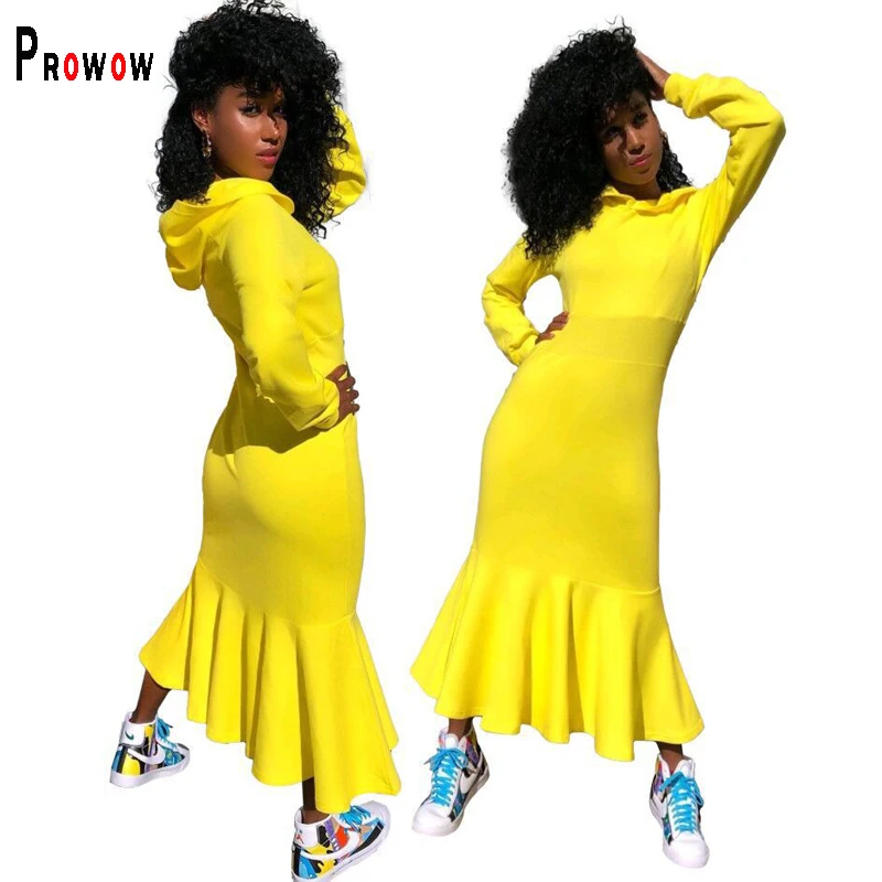 

Prowow Women Sweatshirt Dress 2021 New Yellow Color Maxi Trumpet Dresses for Female Long Sleeve Hoodies Streetwear Clothing