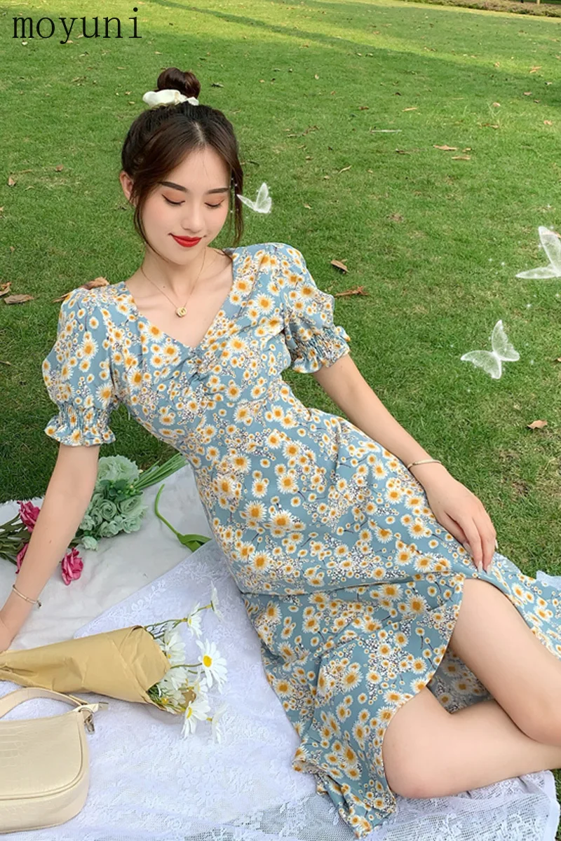 

French Floral Dress for Women Spring/Summer 2021 New Gentle Puff Sleeve V-neck Split Mid-Length Fresh maxi korean party vintage