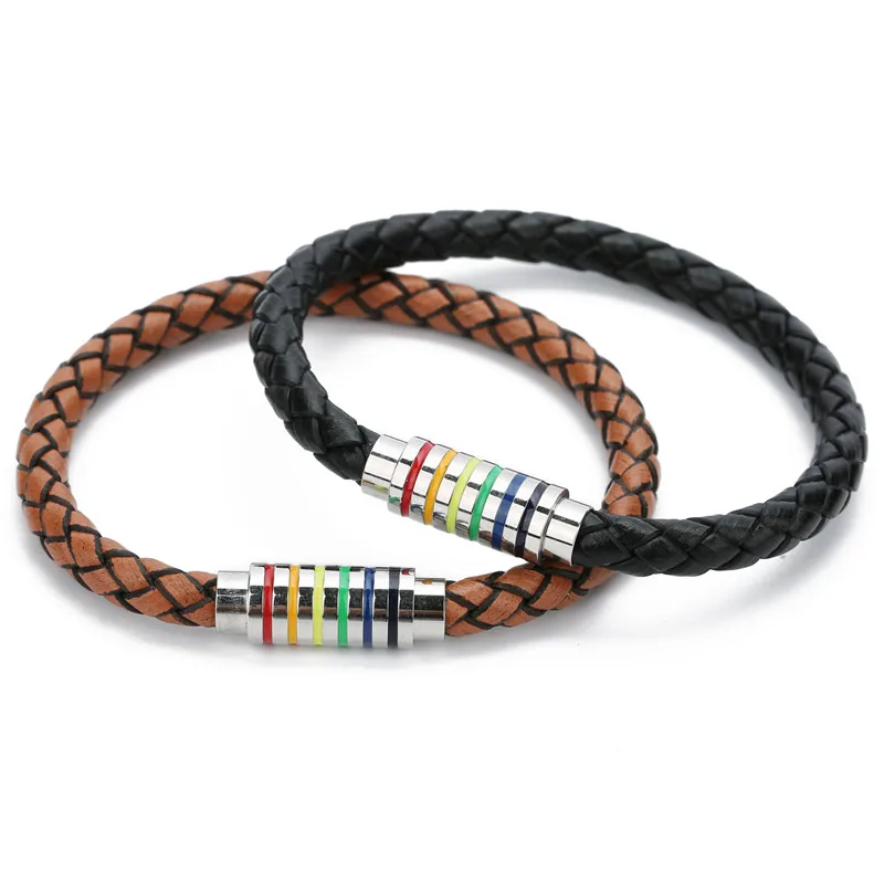 Мужской/женский кожаный браслет на запястье Радужный Браслет из нержавеющей