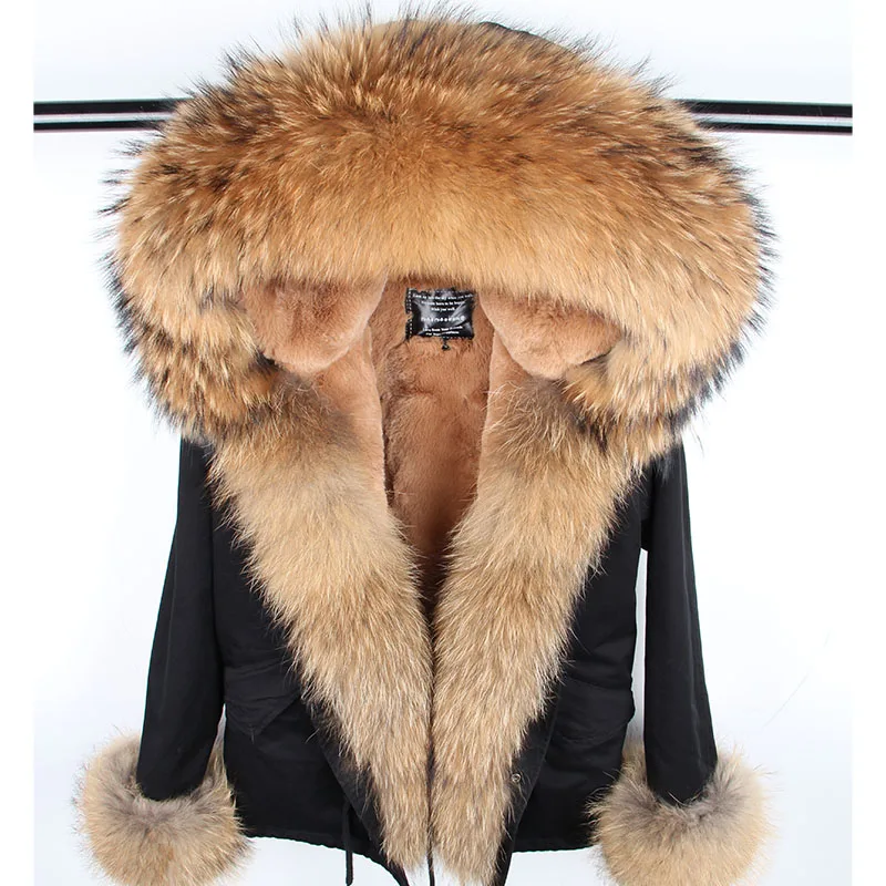 

khaki short color Parka Winter Jacket Women Parkas Real Fur Coat Natural Raccoon Fur Hood Artificial Fur Liner Luxury