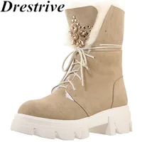 Drestrive 2021 New Snow Boots Cow Suede Black Women Ankle Boot Round Toe Lace Up Warm Winter Shoes Non Slip Mid Heels