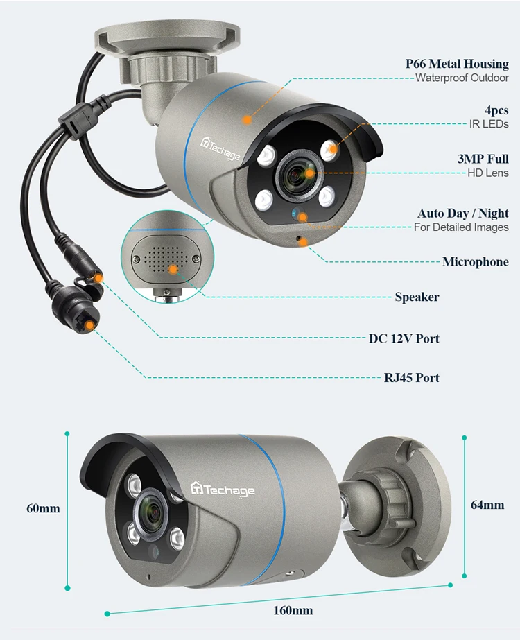 

IP Bullet Camera System 3,6mm 3MP набор камеры видеонаблюдения Camera Set с голосовым звуком Cctv System