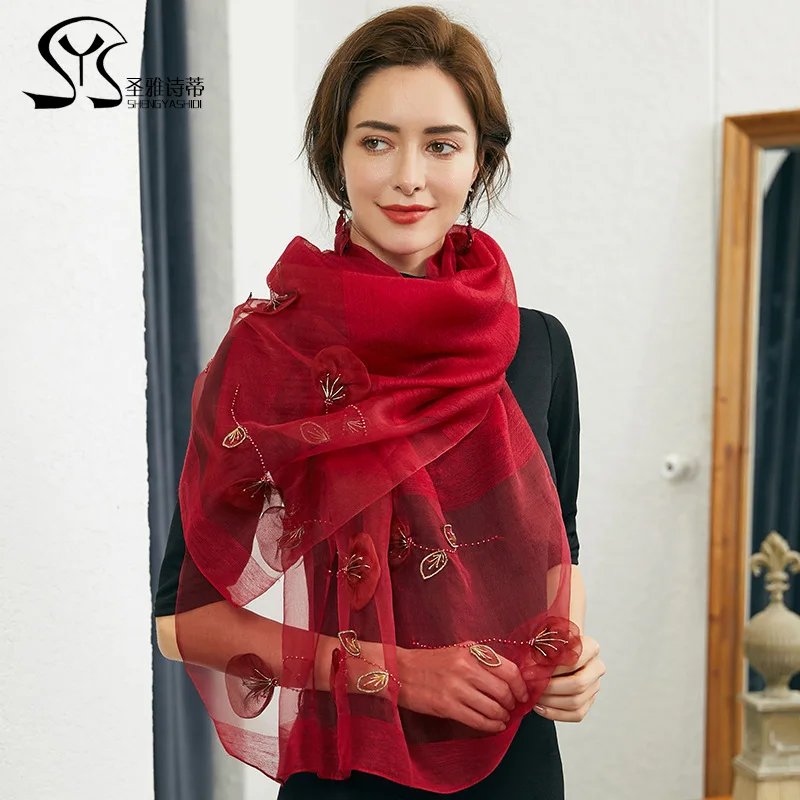 2020 Шелковый шерстяной шарф с вышивкой элегантный и Универсальный