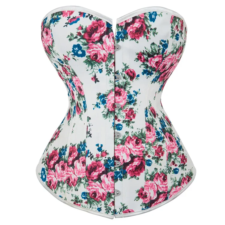 Women's Gothic Floral Printed Strappy Overbust Corset Off Shoulder Hollow Waist Tank Tops Ripped Backless Punk Design