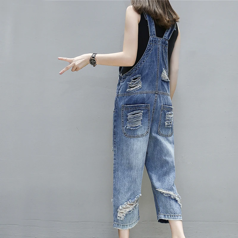 

Summer Womens Denim Jumpsuits Oversized Loose Hole Ripped Rompers Womens Jumpsuit Jeans Overalls Casual Salopette Femme En Jean