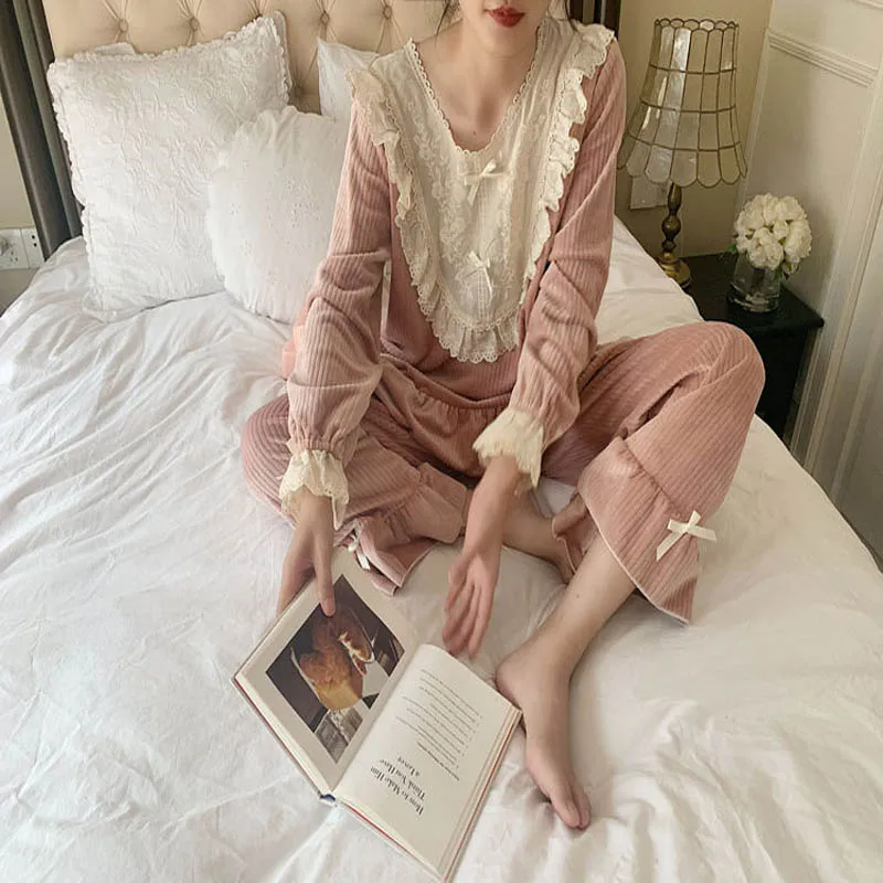 Зима 2019 Женский утепленный Пижамный костюм Женская фланелевая Коралловая