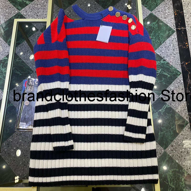 

Fashion Sexy Knit Off-Shoulder Buttons Striped Mini Dress Women High Quality Long Sleeve Contrast Color Skirt Lady 2021 Autumn