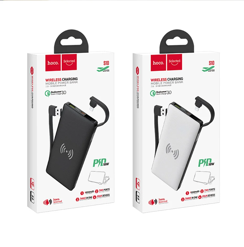 Hoco 3в1 QC3.0+ PD 18 Вт power Bank 10000 мА-ч, беспроводное зарядное устройство power bank с кабелем для iPhone X 11 Pro HUAWEI mate 30 быстрое зарядное устройство