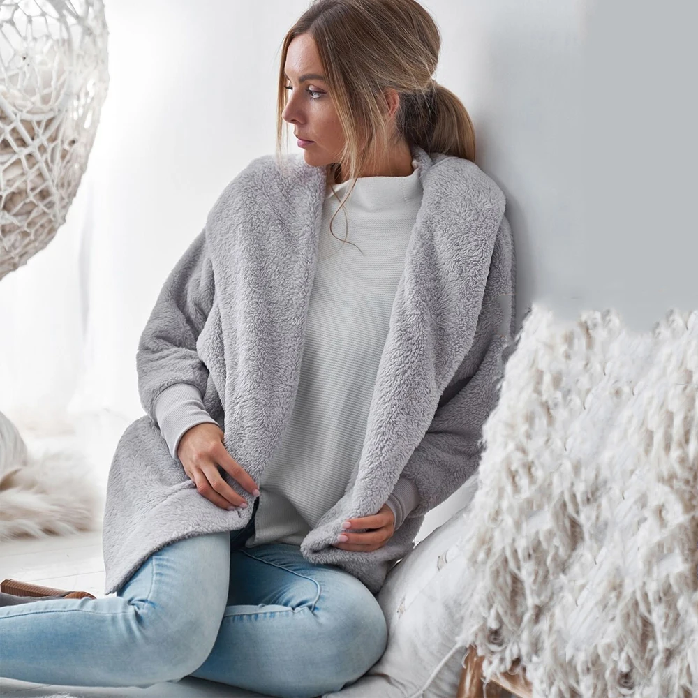 

Loose Plush Cardigan Coat Soft Hooded Long Sleeve Turn Down Collar Overwears Women Autumn Winter Casual Elegant Sexy Tops 2020