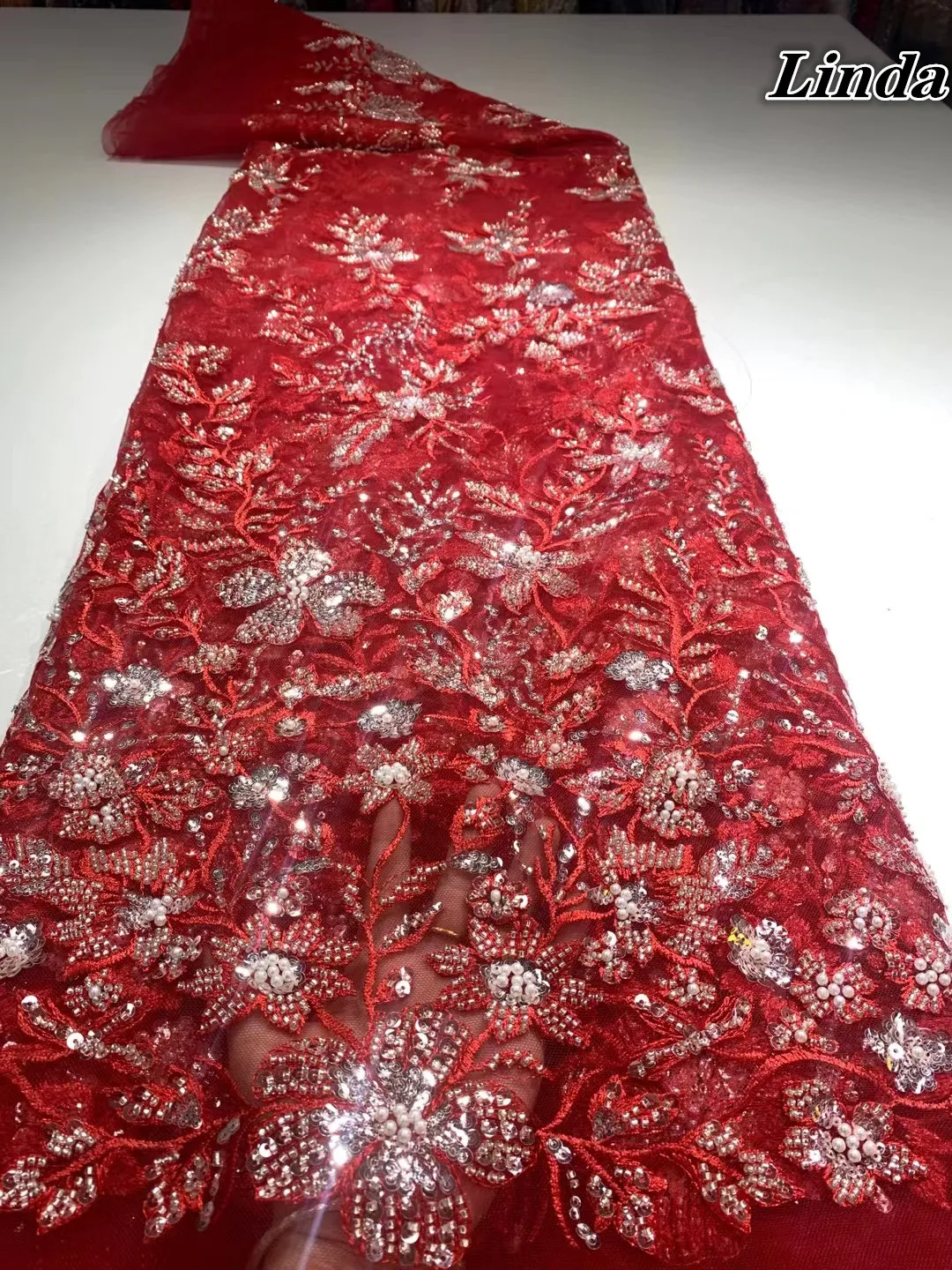 

2022 Sequin Bead Lace Fabric Mesh Red Color African Embroidery Sequence Nigerian French Party Latest High Quality Tulle Hot Sale