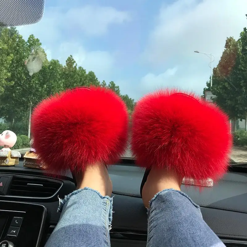 

Hot Summer Women Fox Fur Slippers Slides Female Indoor Flip Flops Casual Furry Fluffy Plush Sandals