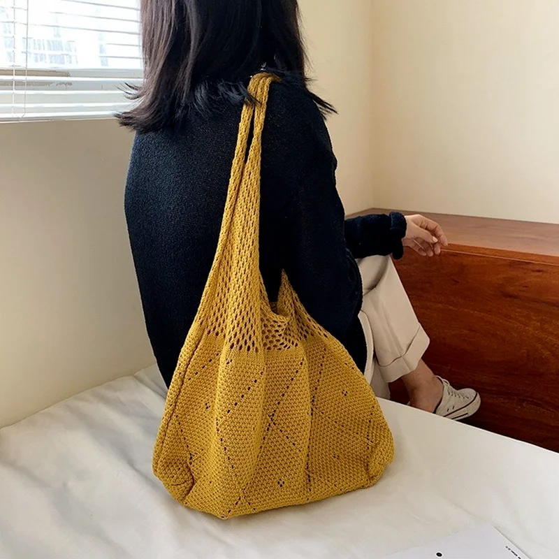 

Handmade Lady Retro Chic Crochet Handbag 2021 Korean Fashion Knitted Braid Hollow Black Yellow Top-handle Tote Bag shopper sac